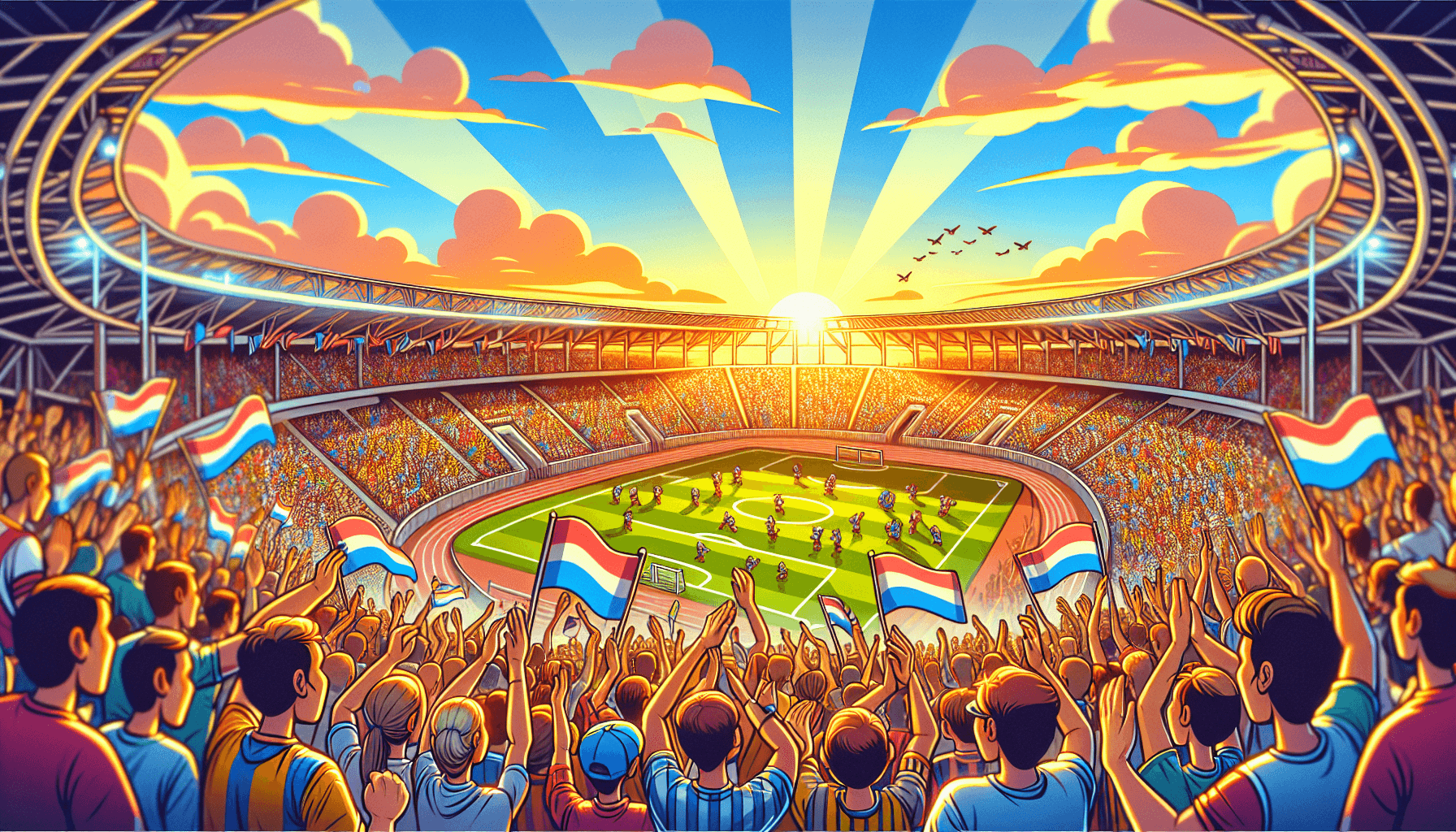 Estadio caricaturesco con fanáticos animados