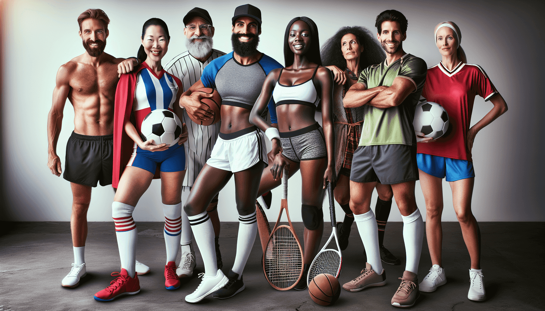 Personajes diversos en atuendo deportivo