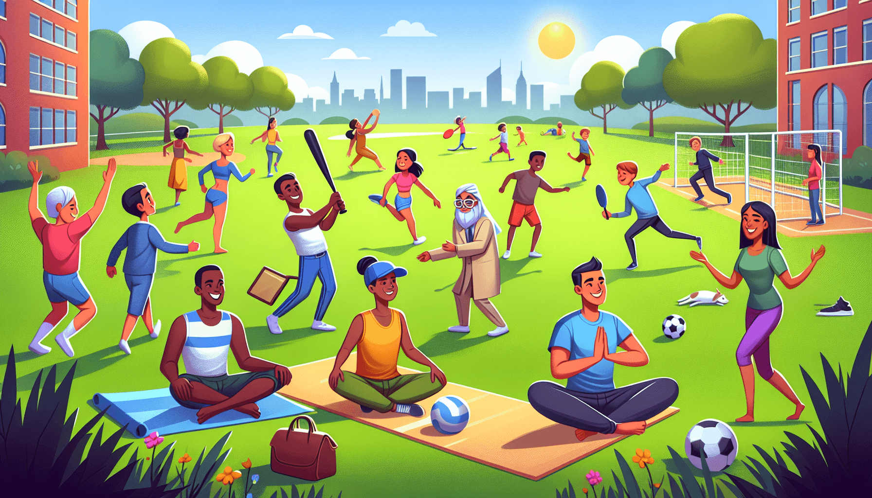 Escena colorida de deportes en estilo caricaturesco